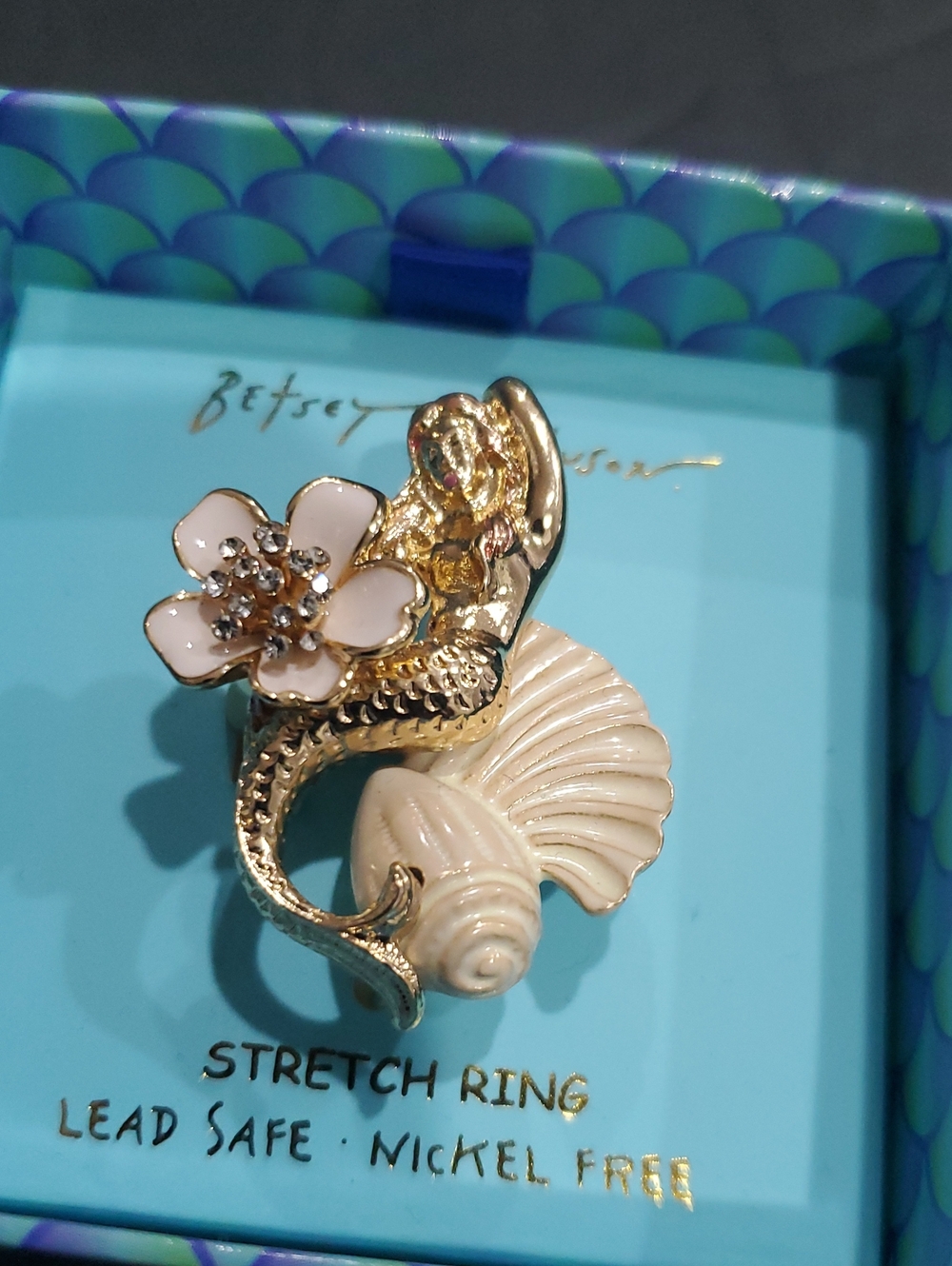 Betsey Johnson gold plated mermaid cz‎ studded flower stretch ring brand new